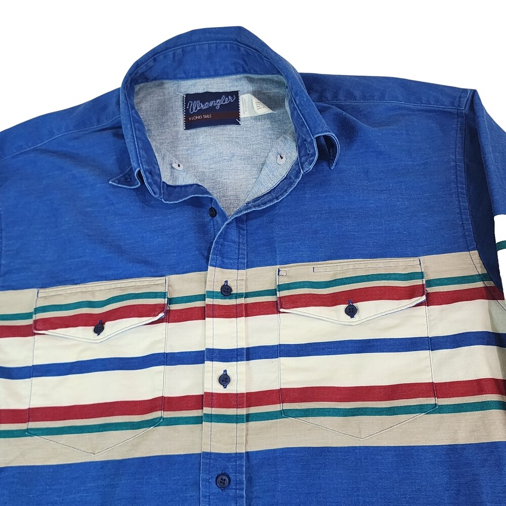 Vntg 90s Wrangler Brushpopper Shirt Large Sz L 16.5-35 X-Long Tails Rockabilly